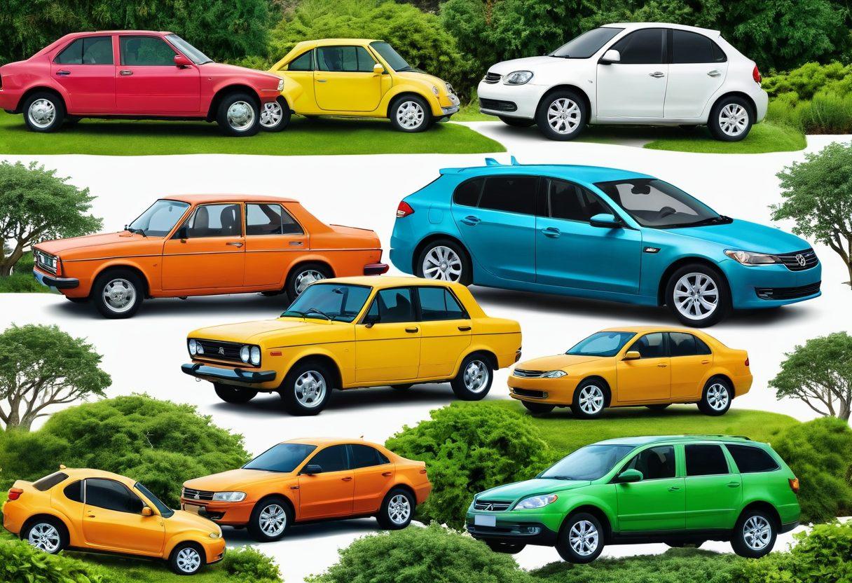A vibrant collage showing the evolution of vehicles, featuring a cheerful family car transitioning to stylish eco-friendly cars like electric and hybrid models. Include a background of diverse landscapes representing urban and natural environments with lush greenery. Illustrate a family happily interacting with both types of vehicles, symbolizing joy and sustainability. super-realistic. vibrant colors. white background.