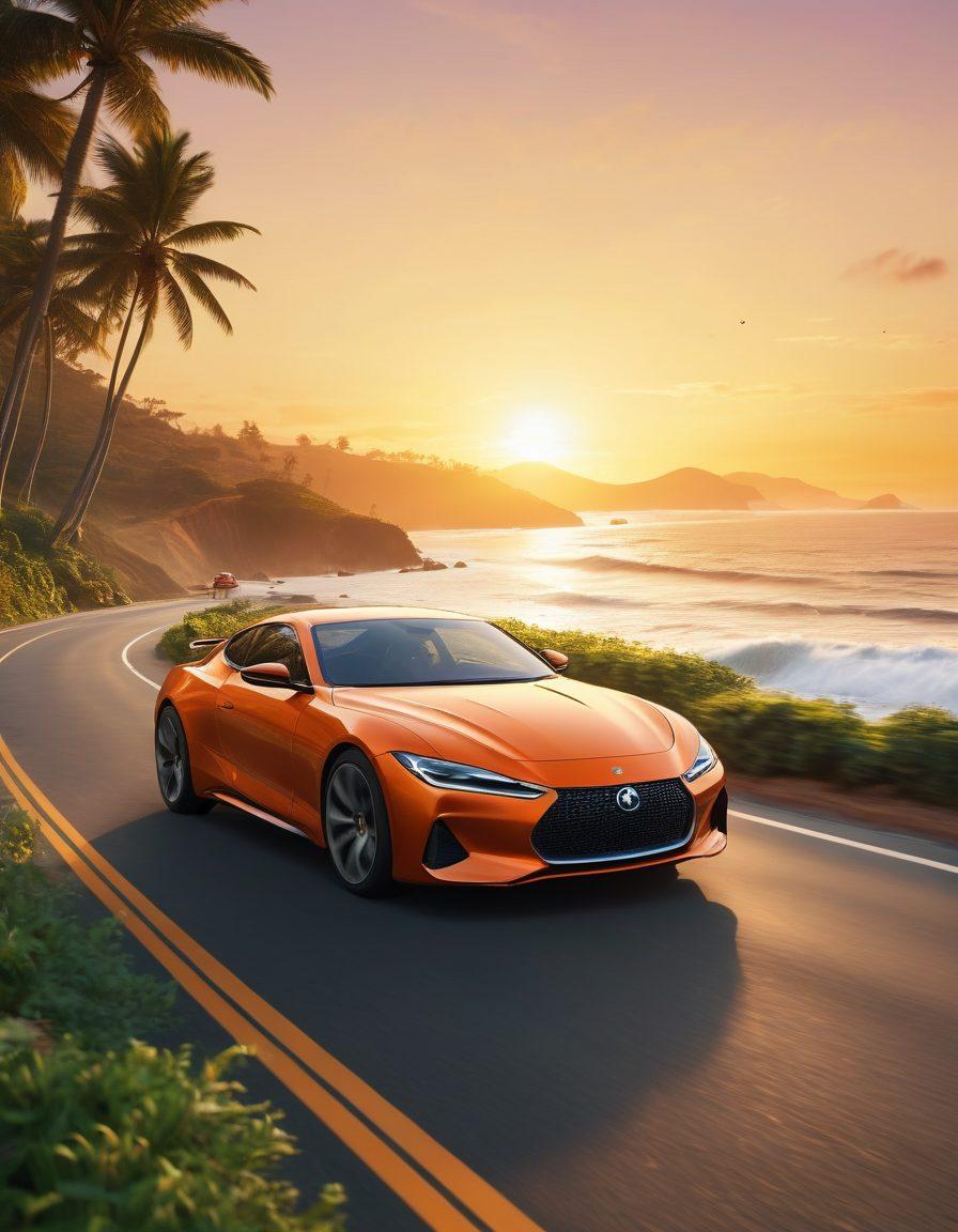 A sleek, modern premium car gracefully gliding along a scenic coastal road, sun setting in the background, warm hues reflecting off the car's polished surface. In the foreground, a diverse group of joyful people experiencing the thrill of driving, laughter and excitement on their faces. Lush greenery and ocean waves provide a vibrant backdrop that showcases the joy of driving. super-realistic. vibrant colors. cinematic.