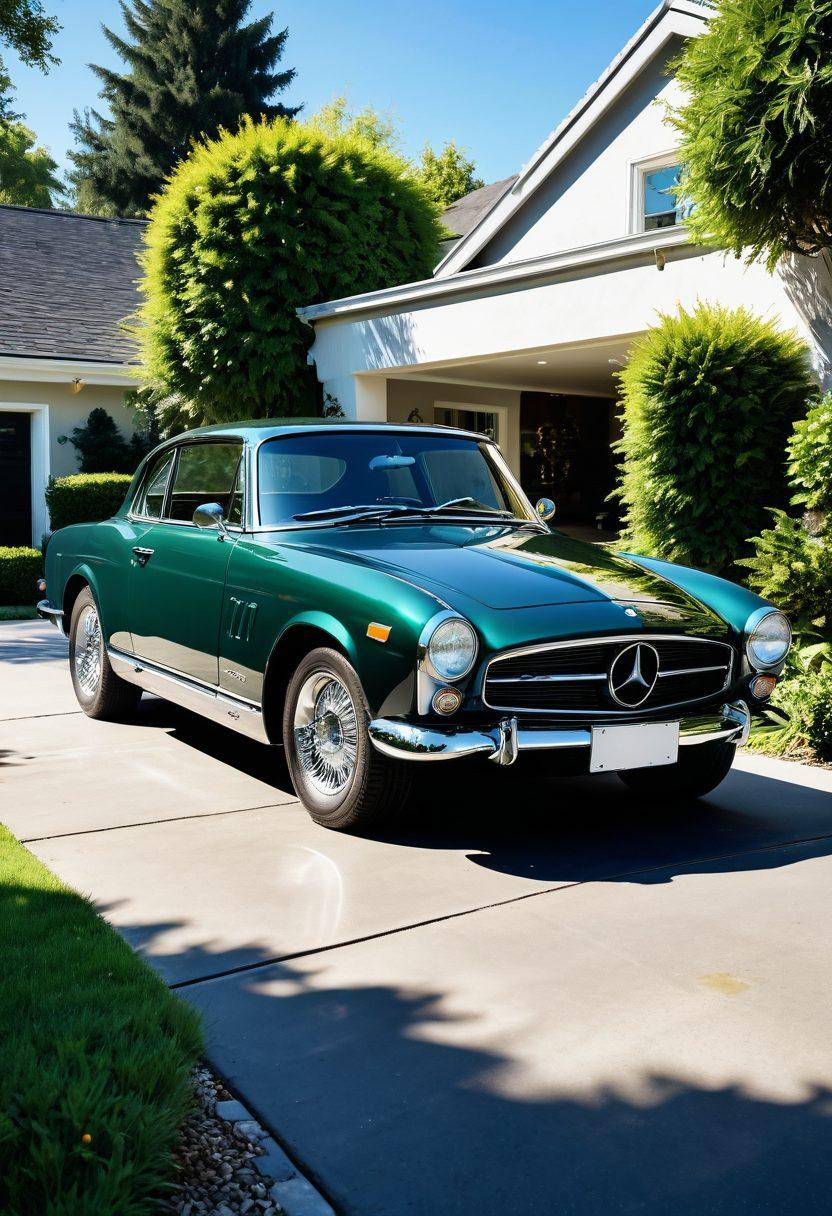 A luxurious car parked elegantly on a sunlit driveway, with gleaming chrome accents reflecting the light. Nearby, a well-groomed mechanic uses high-quality tools while demonstrating car maintenance techniques. Surrounding the scene are lush green plants and a modern garage in the background. This image conveys sophistication and care for luxury vehicles. super-realistic. vibrant colors. 3D.